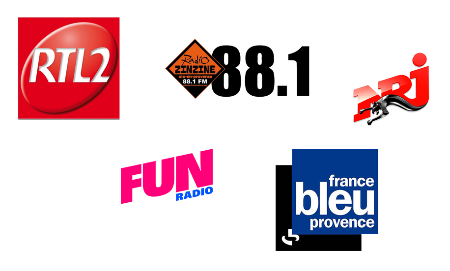 Plusieurs logos de radio comme RTL2, Fun Radio, NJ, France bleu Provence